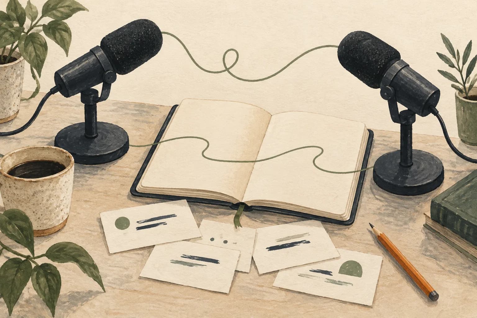 Two illustrated tabletop microphones face an open notebook and question cards, connected by a fine sage thread of conversation.